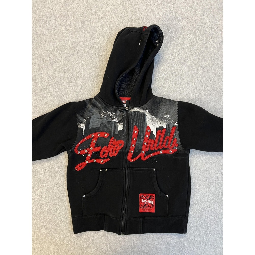 Ecko Unltd. Hoodie Boys 4 Black Full Zip Studded Graphic Rare
